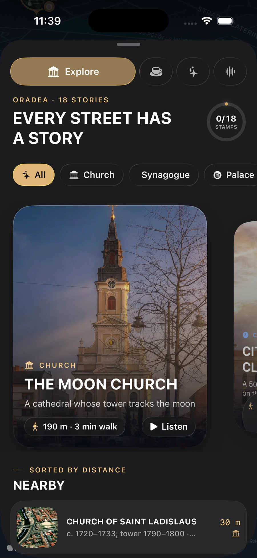 Echivo Explore mode: monument cards for Oradea, starting with the Moon Church, with a Listen button