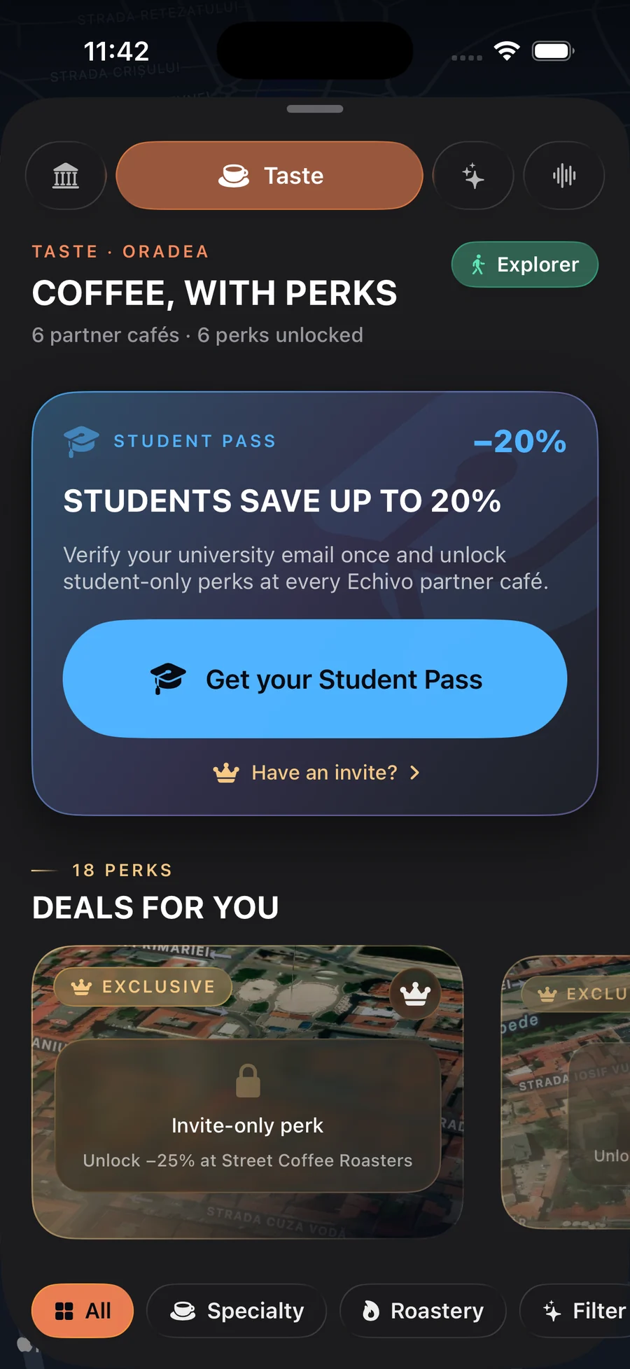 Echivo Taste mode: coffee with perks, the Student Pass card and deals from partner cafés