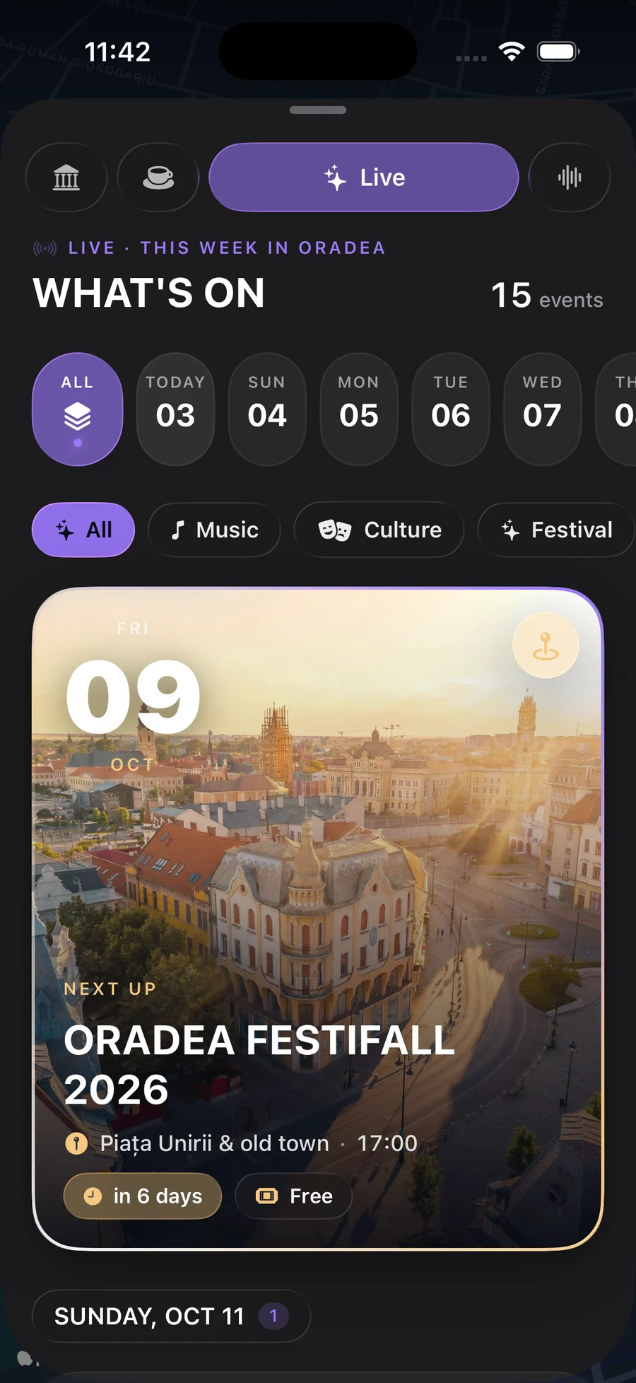 Echivo Live mode: what's on this week in Oradea, with a day picker and the next event